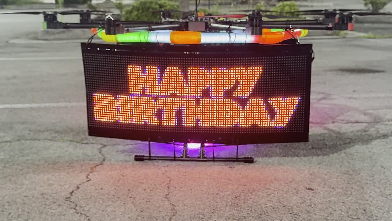 Aerial GraphX drone displaying the complete Happy Birthday message